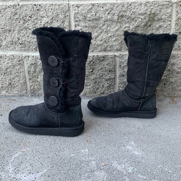 UGG AUSTRALIA Bailey Button Boots Womens 7 38 Black Suede High Boot Shearling - Picture 2 of 13